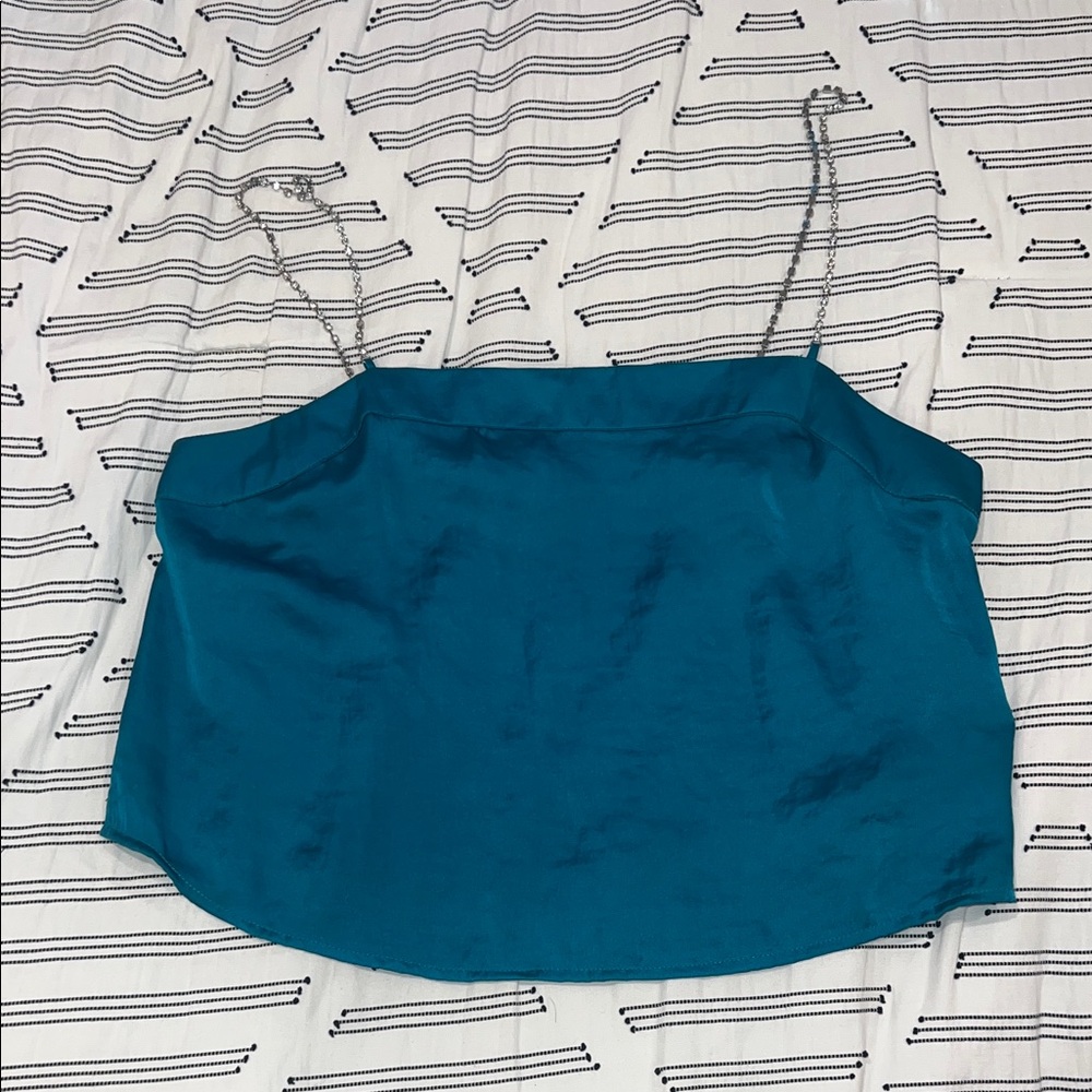 UO Teal Satin Rhinestone Chain-Strap Cami Crop Top